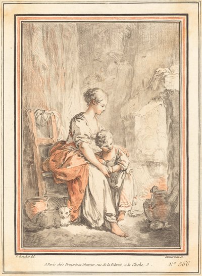 Donna e Bambino davanti al Camino da Gilles Antoine Demarteau after François Boucher