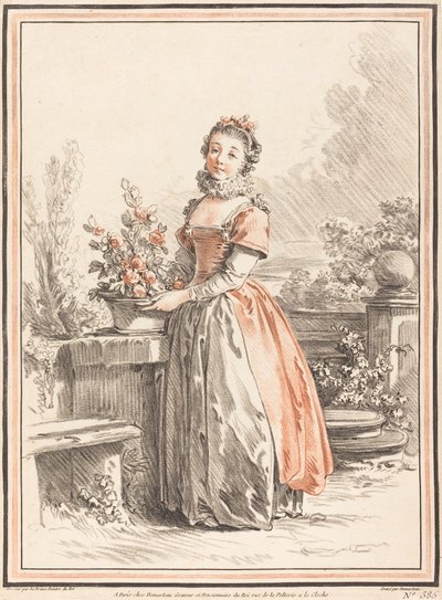 Una giovane donna in piedi in un parco da Gilles Antoine Demarteau after Jean Baptiste Le Prince