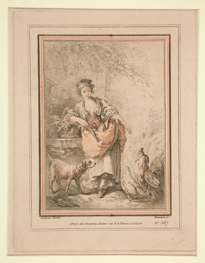 Ragazza che nutre le galline da Gilles Demarteau
