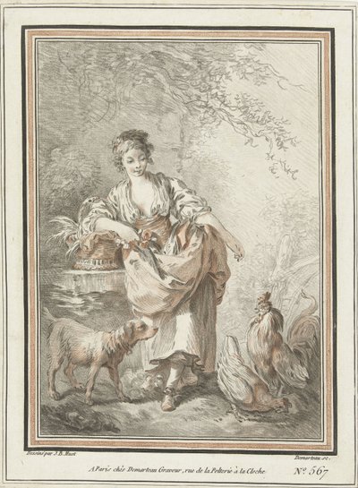Giovane donna con cane e gallo e gallina da Gilles Demarteau