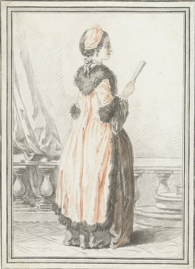 Donna in piedi con ventaglio in mano da Gilles Demarteau