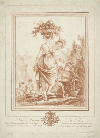 Donna con cesto di fiori in giardino da Gilles Demarteau