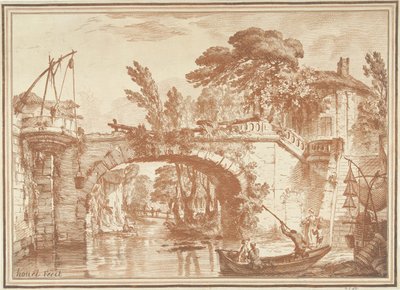 Paesaggio meridionale con ponte e case vicino al fiume da Gilles Demarteau