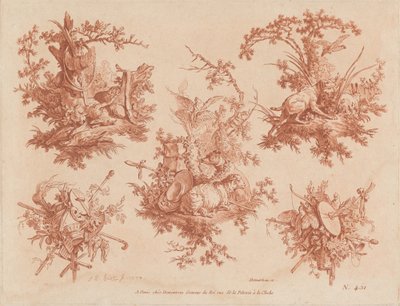 Cinque trofei con temi di caccia, amore e follia da Gilles Demarteau, the Elder, and Jean Baptiste Hüet