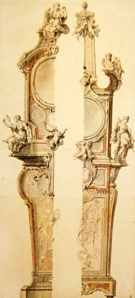 Progetto di una cassa per orologio e barometro con termometro, due versioni, primi anni 1730 da Gilles Marie Oppenord