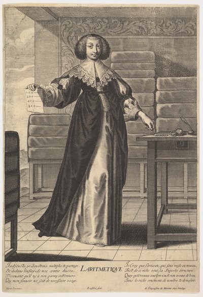 Aritmetica: una giovane donna in piedi a un tavolo, che tiene un foglio con numeri iscritti, 1633-35 da Gilles Rousselet