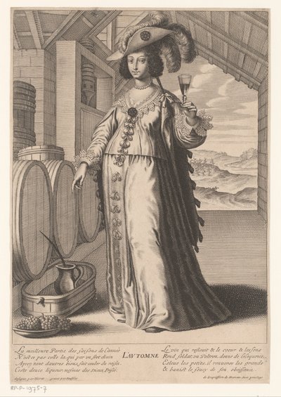 Dama con bicchiere di vino vicino a botti di vino, con vista su vigneto da Gilles Rousselet
