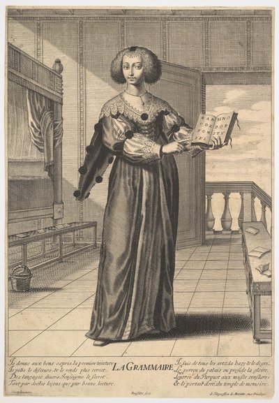 Grammatica: una giovane donna in piedi in un interno decorato con un libro aperto nella mano sinistra, 1633-35 da Gilles Rousselet