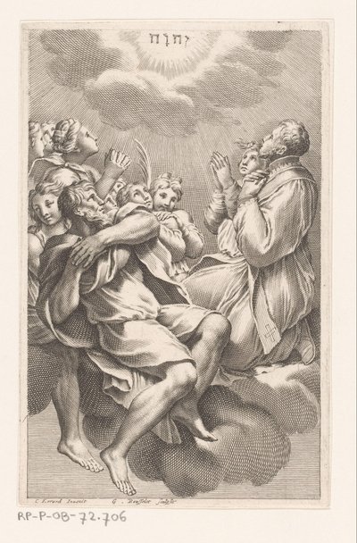 Gruppo di uomini e donne sulle nuvole in adorazione del tetragramma da Gilles Rousselet