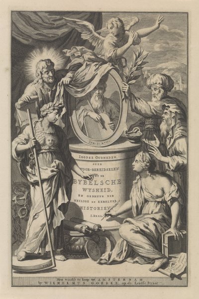 Figure bibliche rivelano il ritratto di Mosè (pagina del titolo per Wilhelmus Goeree, Voor-bereidselen tot de bybelsche wysheid, en gebruik der heilige en kerklijke historien, 1690) da Gilliam van der Gouwen