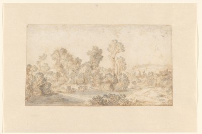 Paesaggio collinare con alberi alti lungo un fiume da Gillis Claesz de Hondecoeter