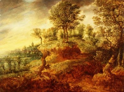 Paesaggio boscoso con un carro su un sentiero e una chiesa oltre da Gillis Neyts