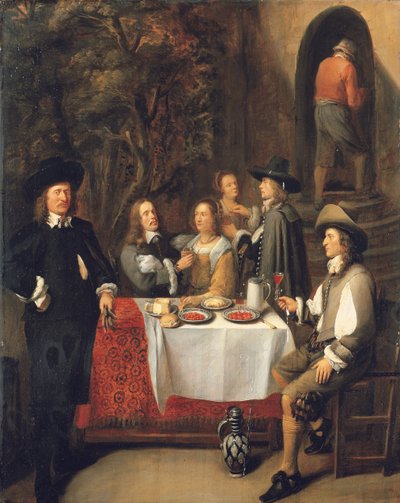 Compagnia elegante a un tavolo su una terrazza da Gillis Van Tilborch