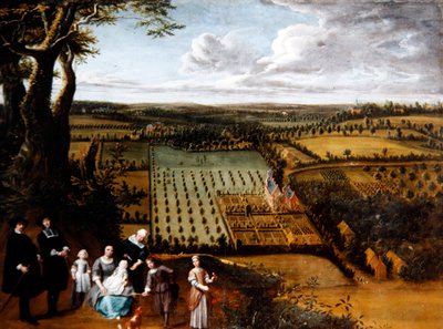 Ritratto di una famiglia patrizia con una prospettiva del loro maniero da Gillis van and Hondt Lambert de Tilborgh