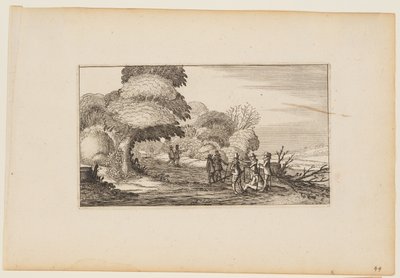 Uomini con moschetti su un sentiero che attraversa un bosco, da dodici paesaggi con figure da Gillis van Scheyndel
