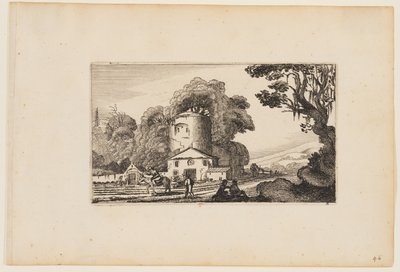 Sentiero davanti alla fattoria dominato da una torre rotonda, da Dodici paesaggi con figure da Gillis van Scheyndel