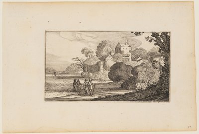 Sentiero a sinistra del complesso di edifici murati tra gli alberi, da Dodici paesaggi con figure da Gillis van Scheyndel