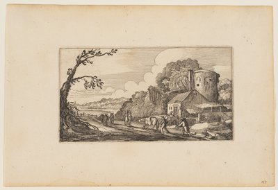 Sentiero a sinistra di una fattoria dominata da una torre rotonda, da Dodici paesaggi con figure da Gillis van Scheyndel