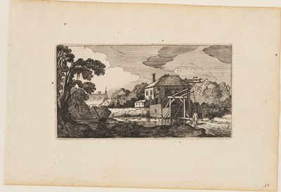 Stagno davanti a un ponte di legno e a una casa, da Dodici paesaggi con figure da Gillis van Scheyndel
