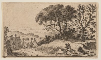 Viaggiatore su un sentiero davanti a tre alberi su una collinetta a destra, da Dodici paesaggi da Gillis van Scheyndel
