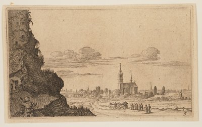 Due uomini che si arrampicano sulle rocce fino alle rovine, da Dodici paesaggi da Gillis van Scheyndel