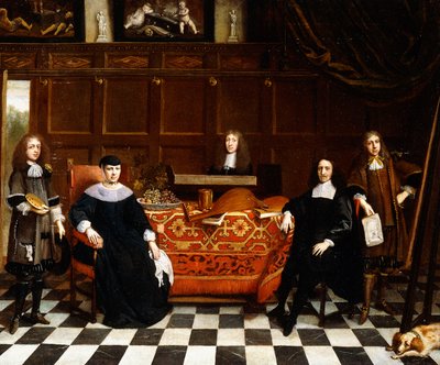 Ritratto di gruppo di una famiglia seduta intorno a un tavolo coperto da un tappeto da Gillis van Tilborgh