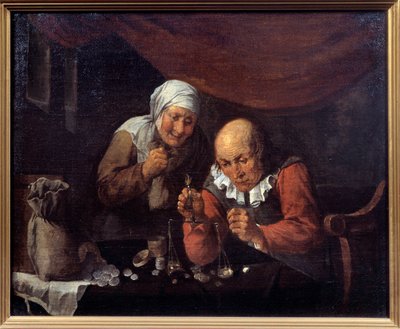 La coppia avida di vecchi che pesa i loro beni da Gillis van Tilborgh