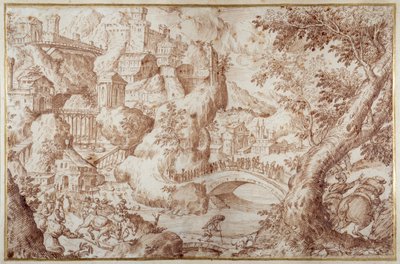 Paesaggio montuoso fantastico con ponti che attraversano burroni, una città e viaggiatori da Gillis van Valckenborch