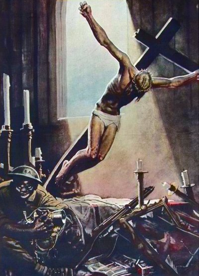 Poster antiamericano della Seconda Guerra Mondiale - Nero americano saccheggia una chiesa - Poster di Gino Boccasile - Propaganda italiana anti-USA 1943 - Poster di Gino Boccasile da Gino Boccasile
