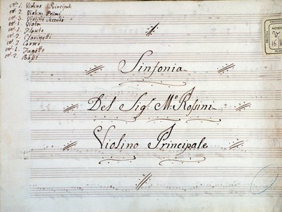 Dettaglio della prima pagina della partitura musicale per violino di una sinfonia di Gioacchino Rossini da Gioachino Rossini
