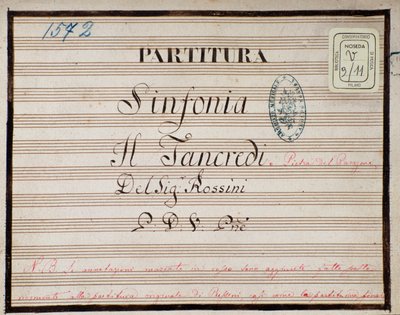 Partitura musicale per la sinfonia ridotta per pianoforte di Tancredi, opera di Gioacchino Rossini da Gioachino Rossini
