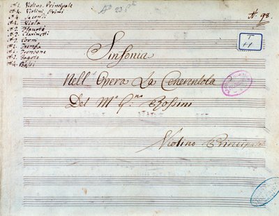 Pagina del titolo della partitura musicale per violino per la sinfonia in Cenerentola, o La bontà trionfante di Gioacchino Rossini da Gioachino Rossini