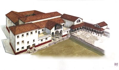 Roma antica: ricostruzione della Villa dei Leoni (Casa ou domus dei Leoni) a Ostia Antica (Ostia), III secolo a.C. Italia Illustrazione di Giorgio Albertini. (L