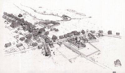 Antica Roma: ricostruzione di un villaggio della Britannia romana (Britannia o Bretagna insulare) nel II secolo. Illustrazione di Giorgio Albertini. (L