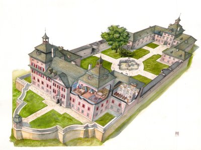 Architettura barocca: ricostruzione del castello Wolfsthurn, Mareta, Bolzano, Italia Illustrazione di Giorgio Albertini. (L
