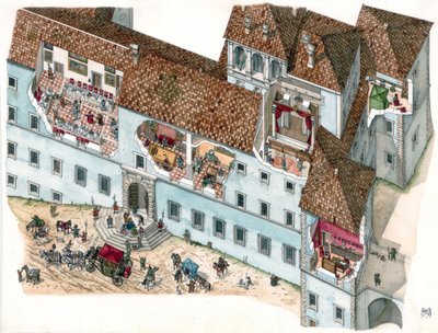 Arte barocca: veduta e sezione architettonica del palazzo Chigi ad Ariccia, nel Lazio, nel XVII secolo. Sono visibili gli interni delle stanze della famiglia e le dipendenze della servitù. Italia da Giorgio Albertini
