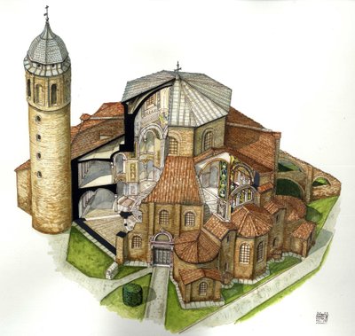 Arte bizantina: rappresentazione della Basilica di San Vitale (San Vitale o San Vitale) a Ravenna nel V secolo. Vista aerea con tagli per vedere l