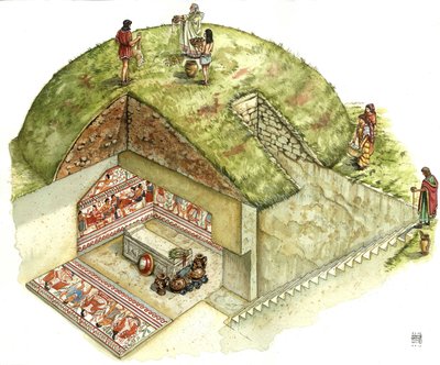 Civiltà etrusca: ricostruzione e taglio della tomba di Triclinio (triclinium), necropoli di Tarquinia. V secolo a.C. Italia Illustrazione di Giorgio Albertini. da Giorgio Albertini