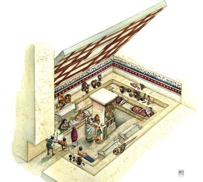 Civiltà etrusca: ricostruzione e taglio della tomba del Tifone, necropoli di Tarquinia. II secolo a.C. Italia da Giorgio Albertini