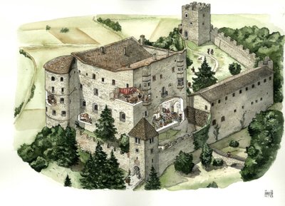Architettura medievale: veduta del castello di Pergine, con tagli che permettono di vedere la vita degli abitanti nelle stanze del castello nel XVI secolo. Pergine Valsugana, Trento, Italia Illustrazione di Giorgio Albertini. (L
