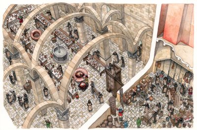 Medioevo: il refettorio e la cucina di un monastero. Lavoro religioso per preparare i pasti della comunità. 12° o 13° secolo da Giorgio Albertini