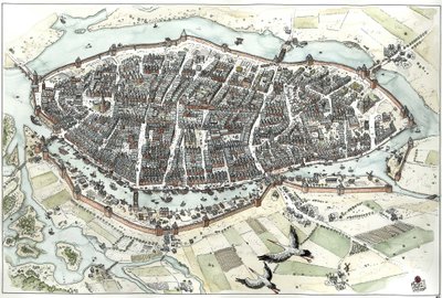 Medioevo: veduta aeriana della città di Lubecca in Germania con mappa stradale, che mostra la sua posizione geografica su un