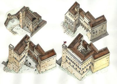Medioevo: veduta aeriana delle varie fasi di costruzione del Palazzo Vaticano (Vaticano) tra il XII e il XV secolo. Roma Italia da Giorgio Albertini