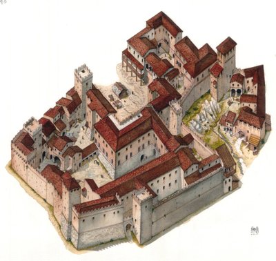 Medioevo: veduta aerea del quartiere fortificato di Montegiordano verso Roma. Italia del XIII secolo. da Giorgio Albertini