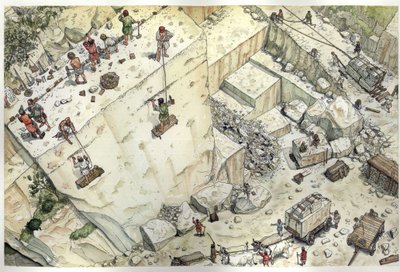 Medioevo: veduta aerea che rappresenta gli operai che lavoravano nelle cave di marmo di Carrara nel XV secolo. Sono rappresentate le diverse fasi, l
