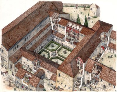 Medioevo: la ricostruzione di un monastero e la vita delle monache o dei monaci. I tagli permettono di vedere le scene interne. Illustrazione di Giorgio Albertini. (L