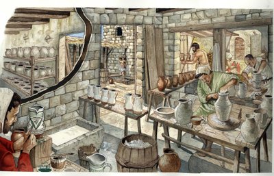 Medioevo: rappresentazione di una bottega di ceramisti e vasai nel XIV secolo. da Giorgio Albertini