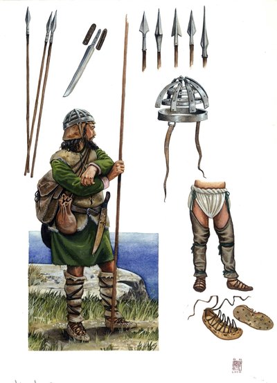 Medioevo: rappresentazione di un Almogavra, soldato mercenario del Regno di Aragona Catalogna intorno al XIV secolo: descrizione delle armi e del costume. da Giorgio Albertini