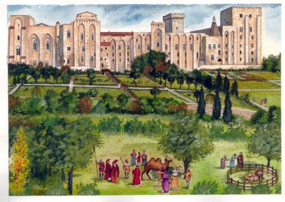 Medioevo: vista del Palazzo dei Papi di Avignone, quando era la residenza dei Papi. Nel giardino, i membri della curia passeggiano per ammirare animali esotici (cammelli, leoni) XIV secolo. da Giorgio Albertini