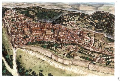 Medioevo: veduta della città medievale di Volterra, circondata da bastioni, nel XIV secolo. Toscana. Italia Illustrazione di Giorgio Albertini. (L
